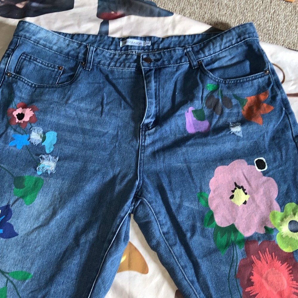 Misslook wildflowers jeans painted on both legs boyfriend cut wide leg 14/16 - Picture 4 of 10